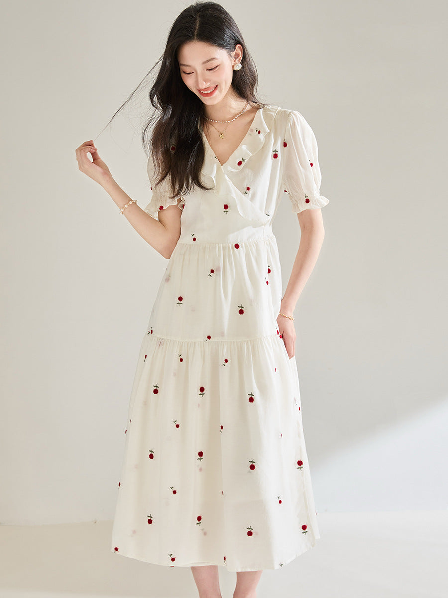 3D Embroidered V-neck Ruffled maxi Dress - white