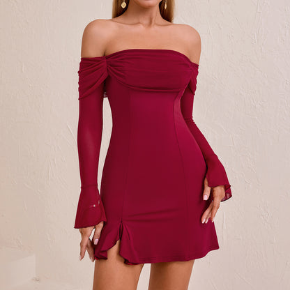 red milk silk one-shoulder mesh patchwork dress