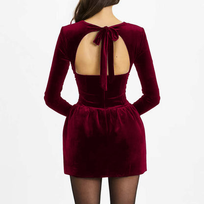 red velvet long-sleeved square neck dress