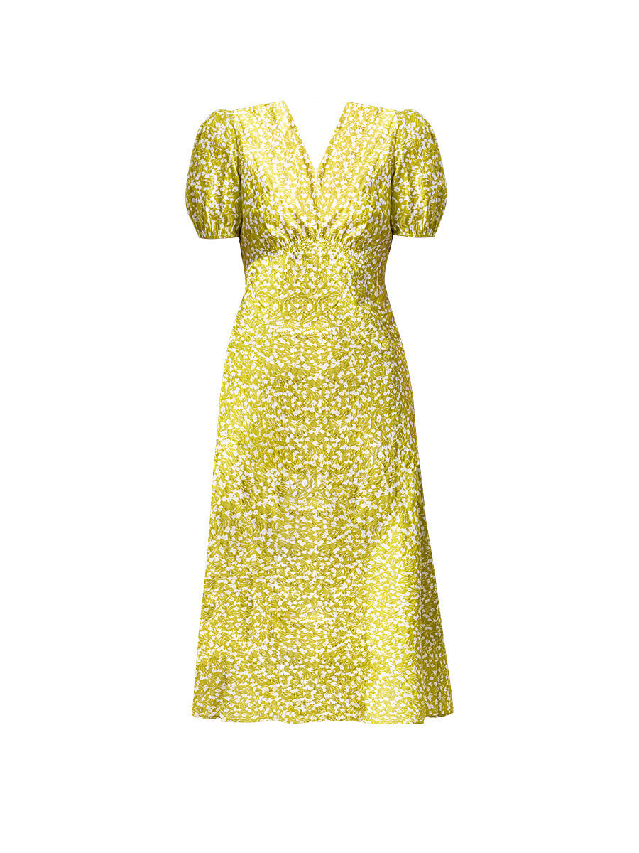 High-waisted V-neck pleated texture floral print midi dress - green