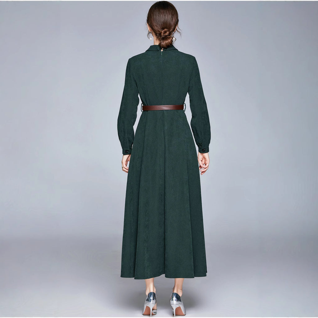 green Suit collar fitted waist maxi dress