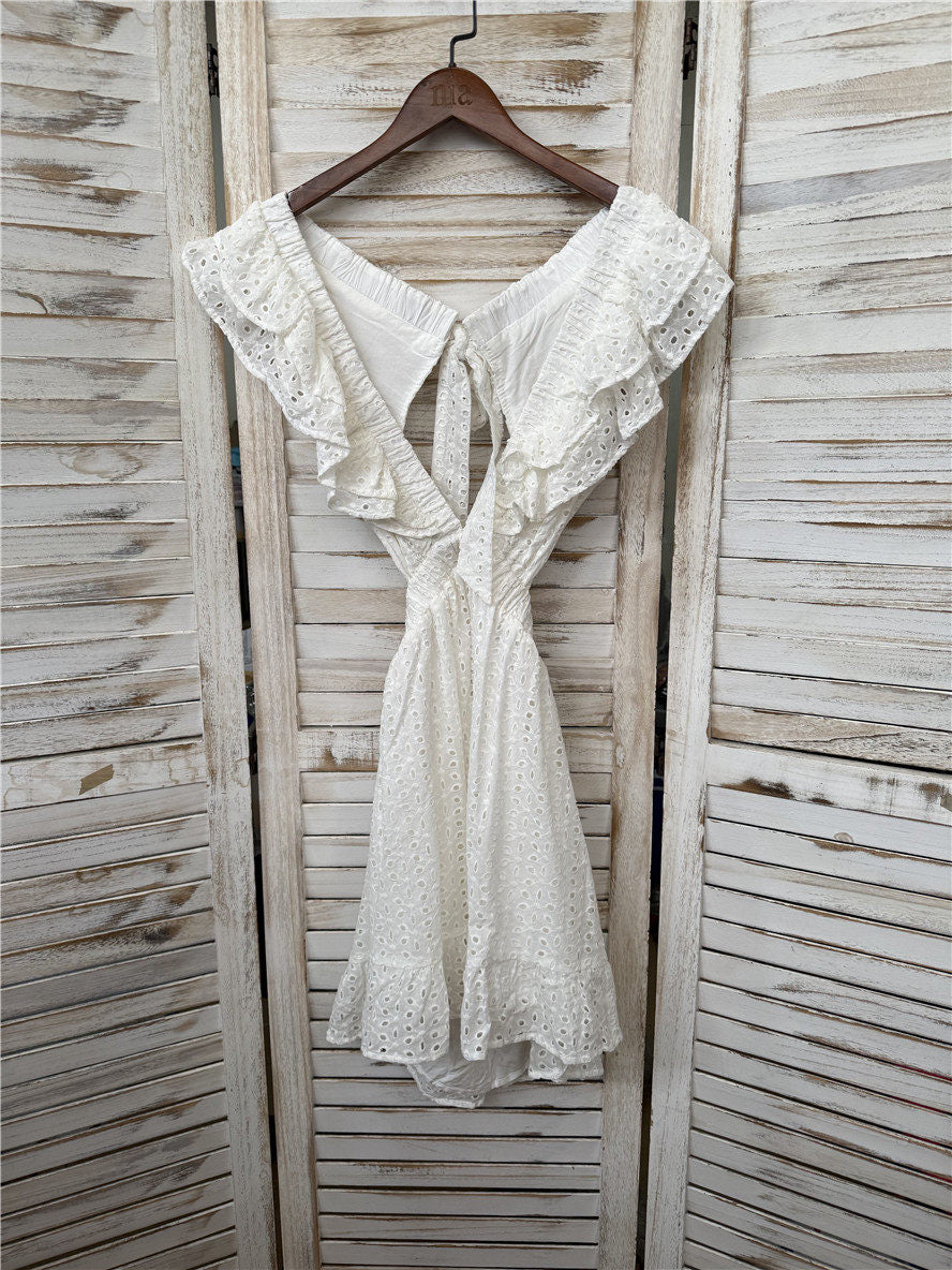 embroidery hollow flying sleeves open back lace-up dress white