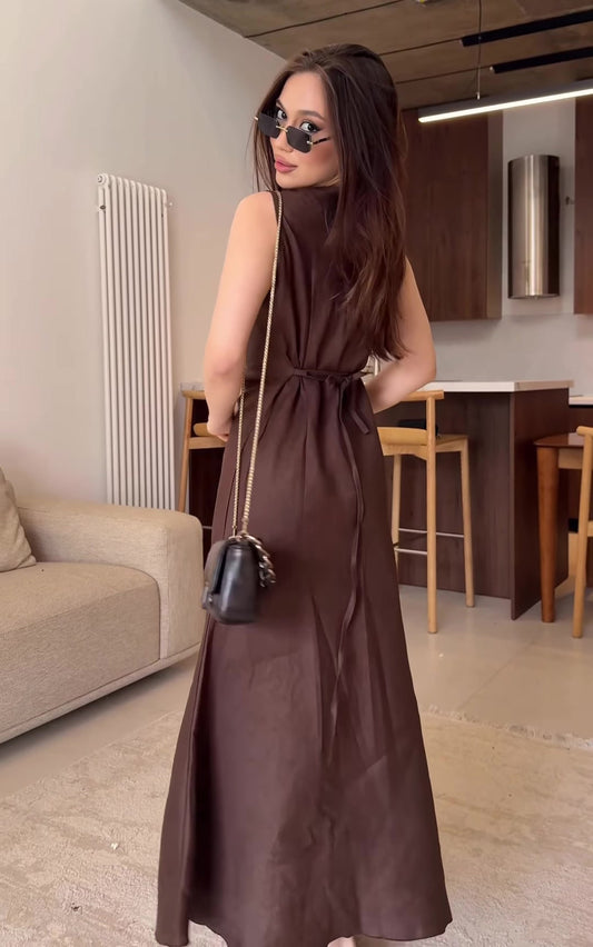 brown hollow-out lace long-sleeve dress