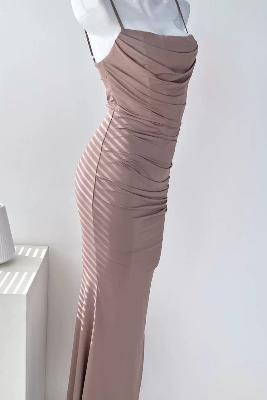 suspenders fishbone folds fishtail maxi dress