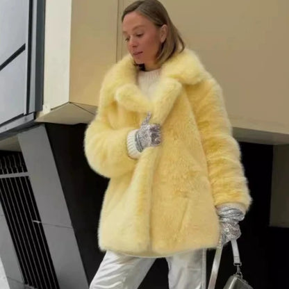 imitation fox fur coat in winter