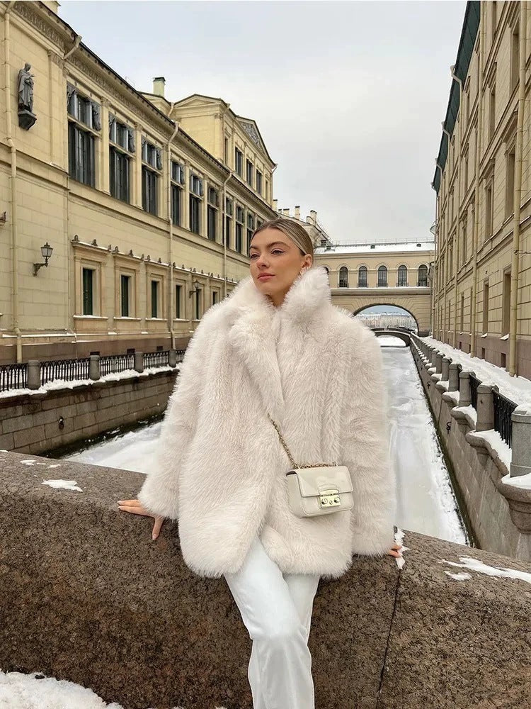 imitation fox fur coat in winter
