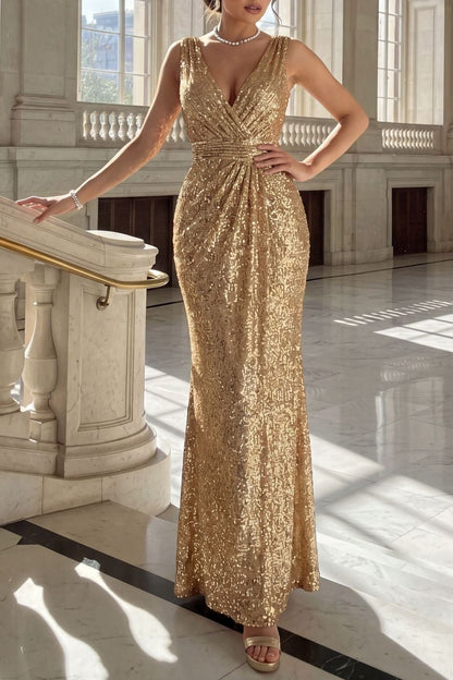 gold sequin deep V sexy backless maxi dress