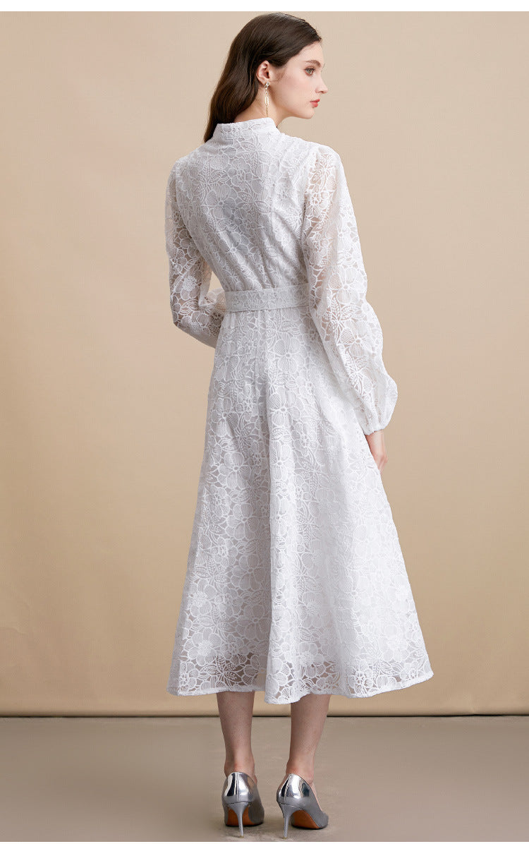 Lace embroidered stand-up collar single-breasted full skirt dress