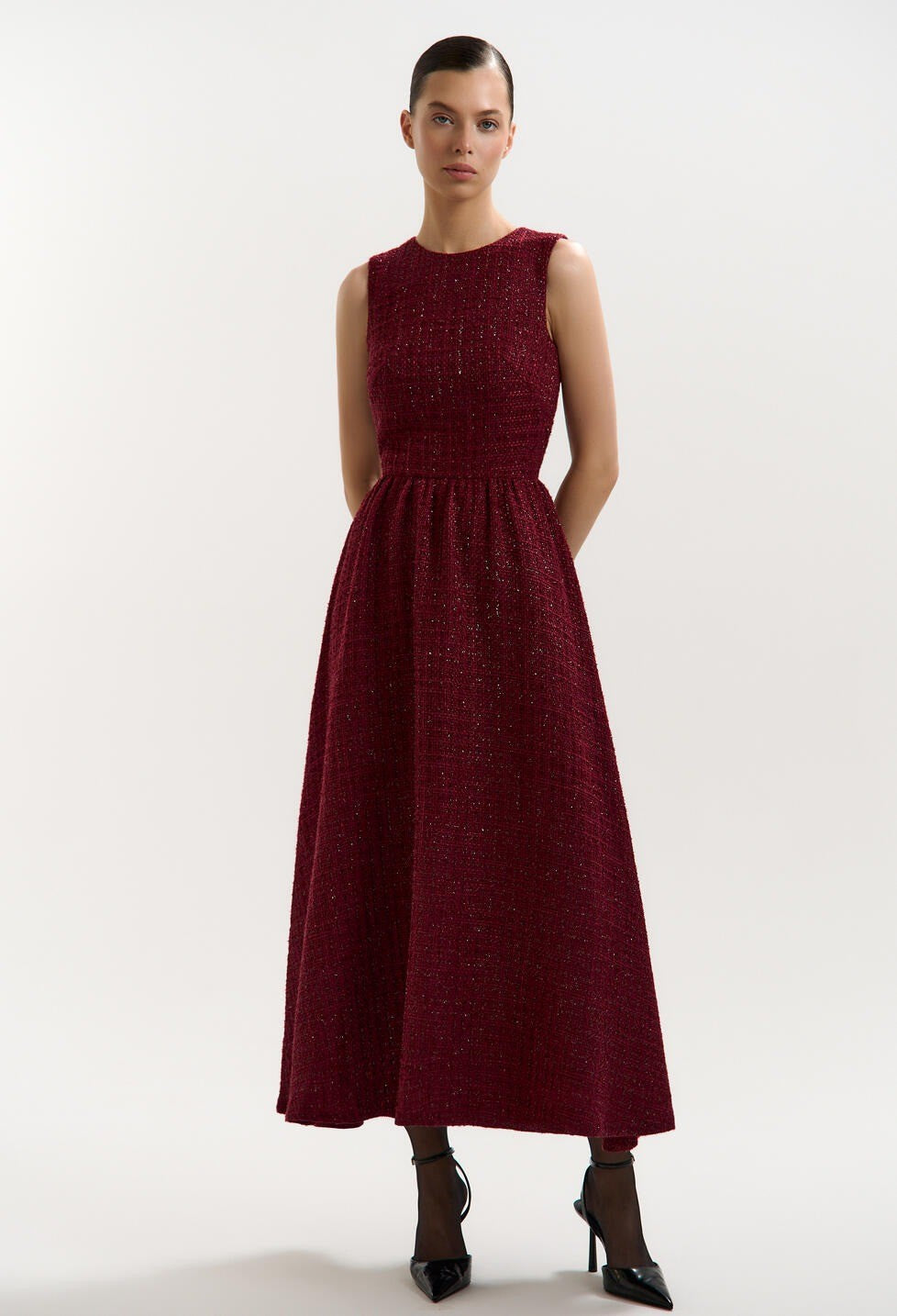 red wine sleeveless A-line maxi dress