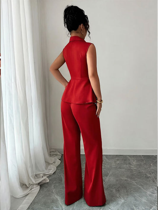 red Deep V-neck Sleeveless Pleated Top with Wide-Leg Pants Set