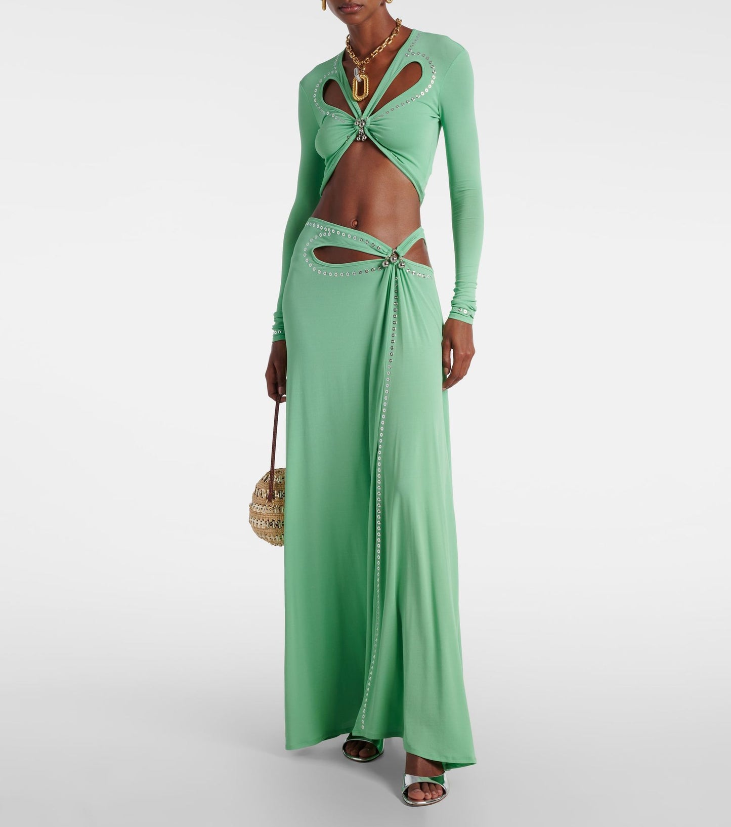 green long-sleeved  low-cut high-slit dress