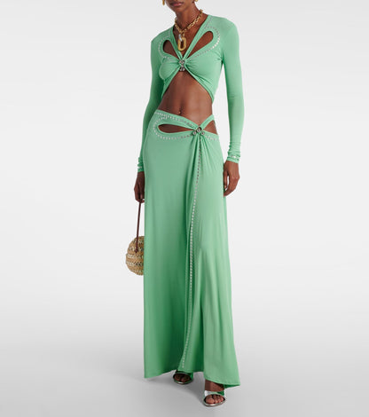 green long-sleeved  low-cut high-slit dress