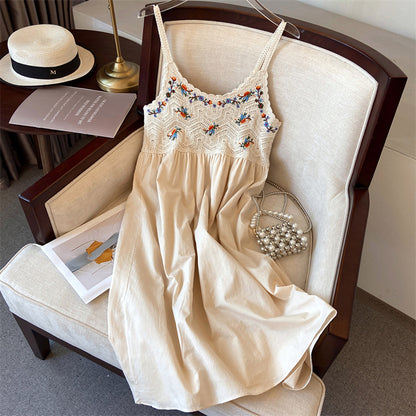 Hollow-out embroidered camisole midi dress