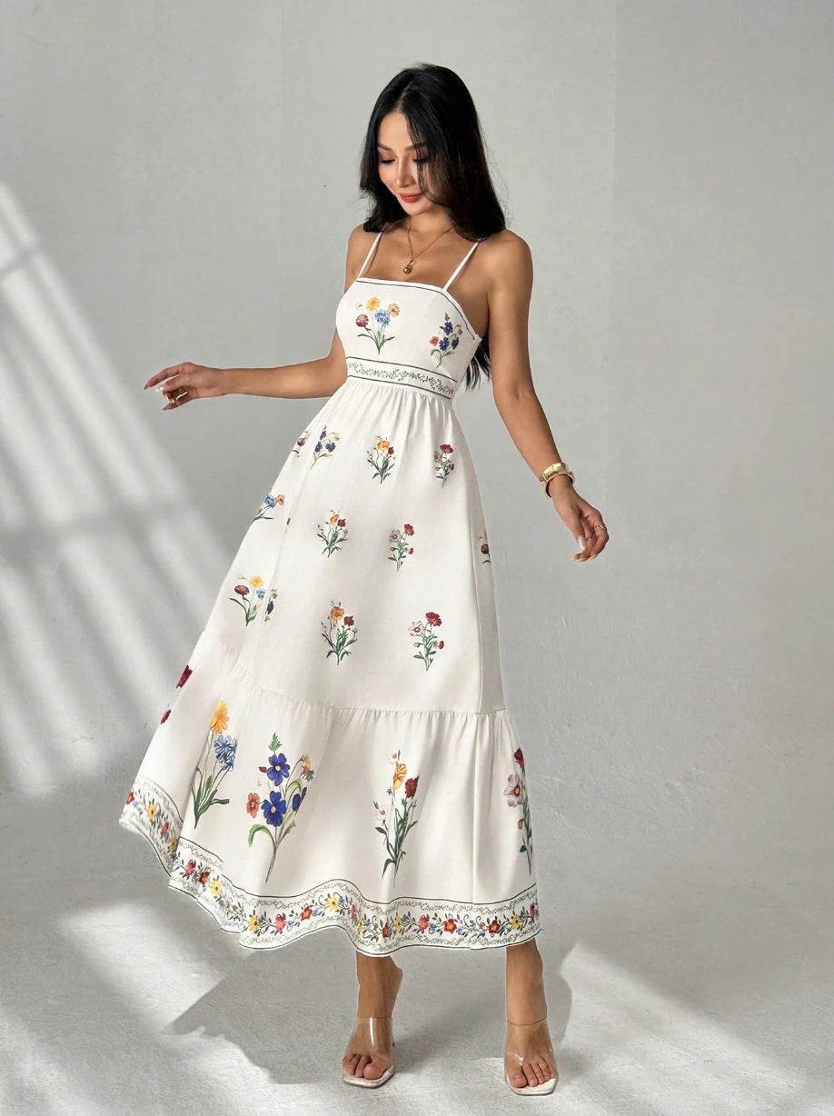 white Suspender Print Waist Open Back dress