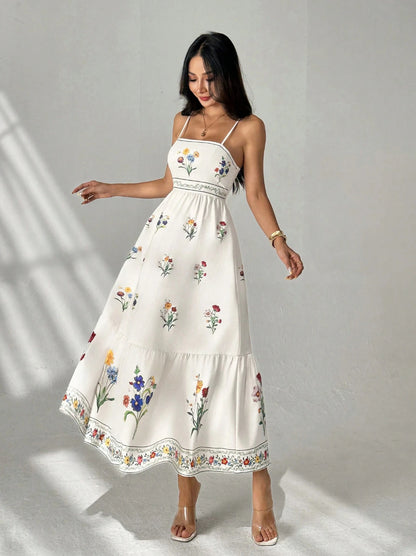 white Suspender Print Waist Open Back dress