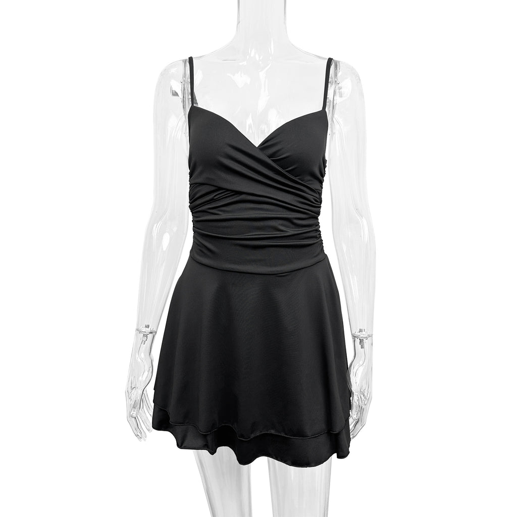 black Deep V-neck backless pleated bodycon mini dress