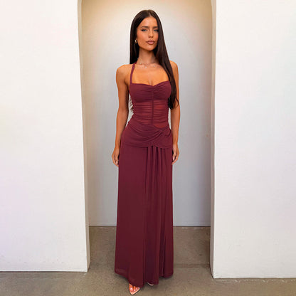 red wine low-cut halterneck dress