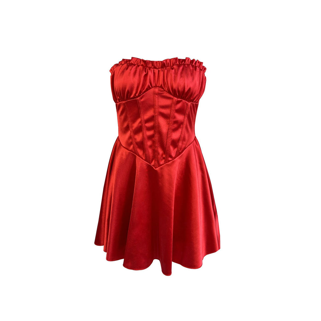 red A-line off-shoulder sleeveless mini dress