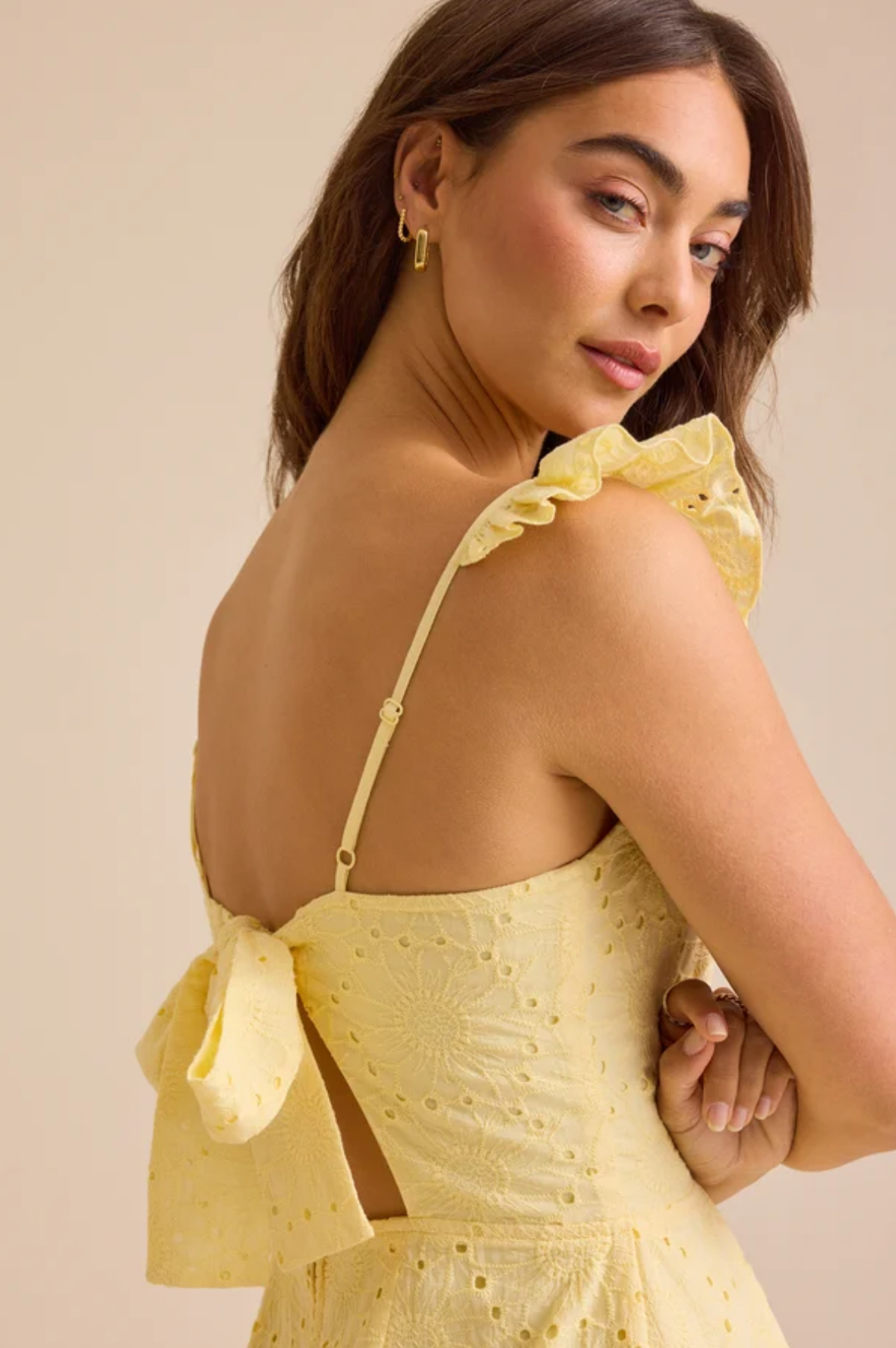 fly sleeve crocheted openwork embroidery bow lace-up backless jumpsuit