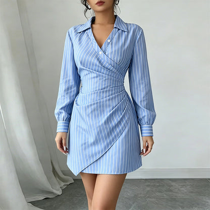blue V-Neck Striped Pleated Slim mini Dress