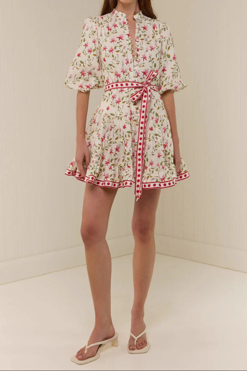 floral print puff sleeve Linen straps mini dress