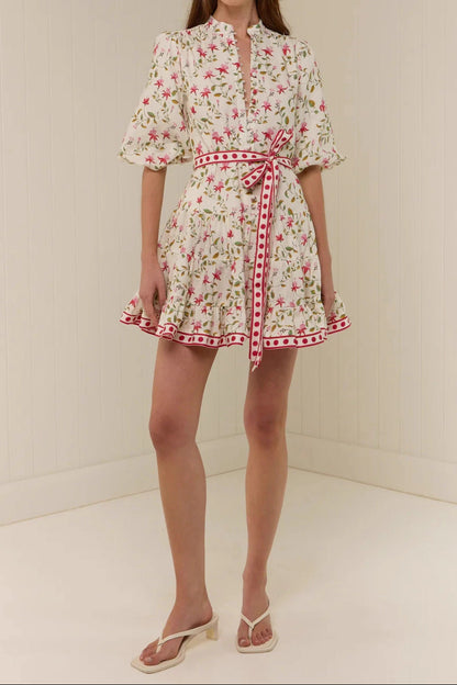 floral print puff sleeve Linen straps mini dress