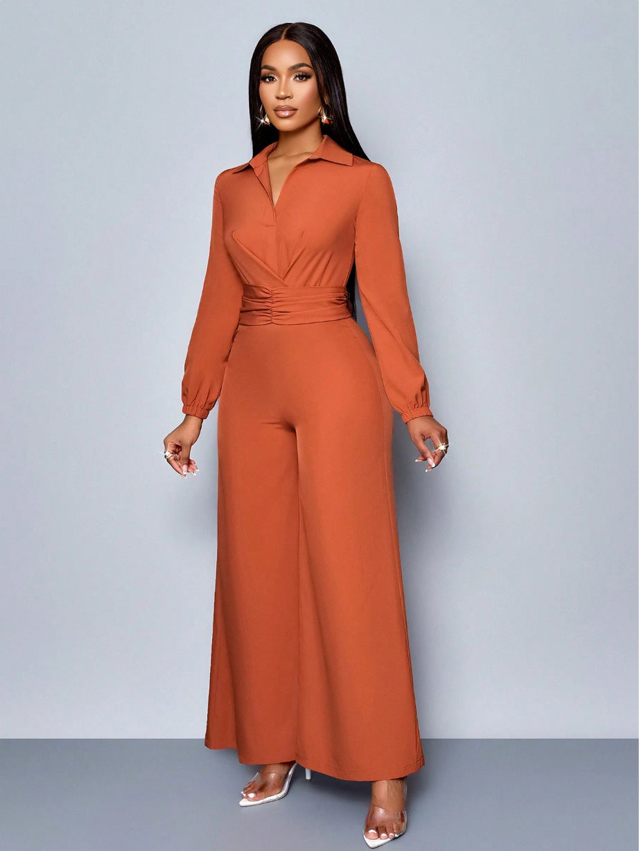 Collared Long-Sleeved Belt Wide-Leg Jumpsuit