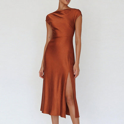 brown Crew Neck Slit Slim Dress