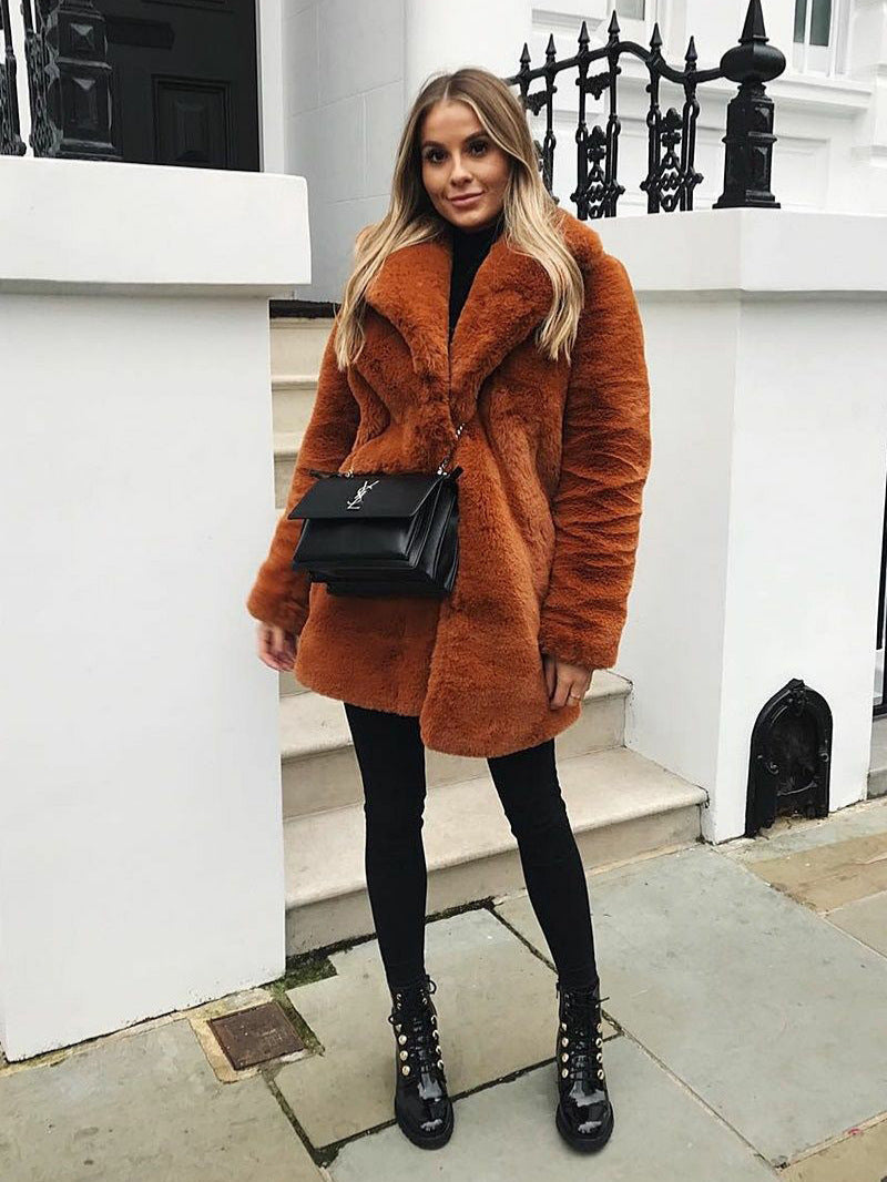 plus-size fur plush loose lapel midi coat