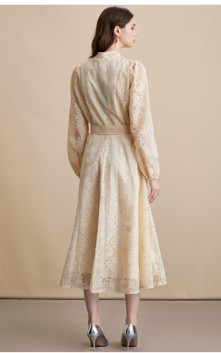 Lace embroidered stand-up collar single-breasted full skirt dress