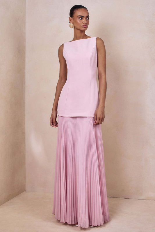 pink pleated sleeveless swing dress