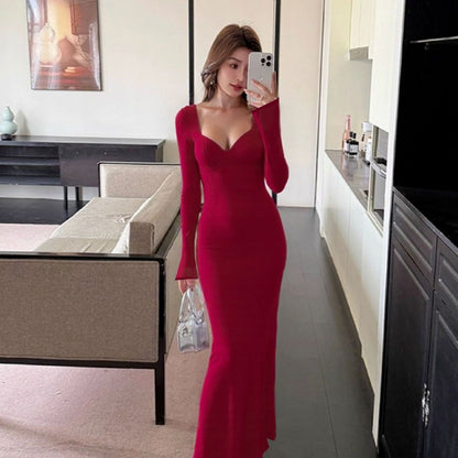red V-neck backless slit mesh sheer long-sleeve patchwork dress