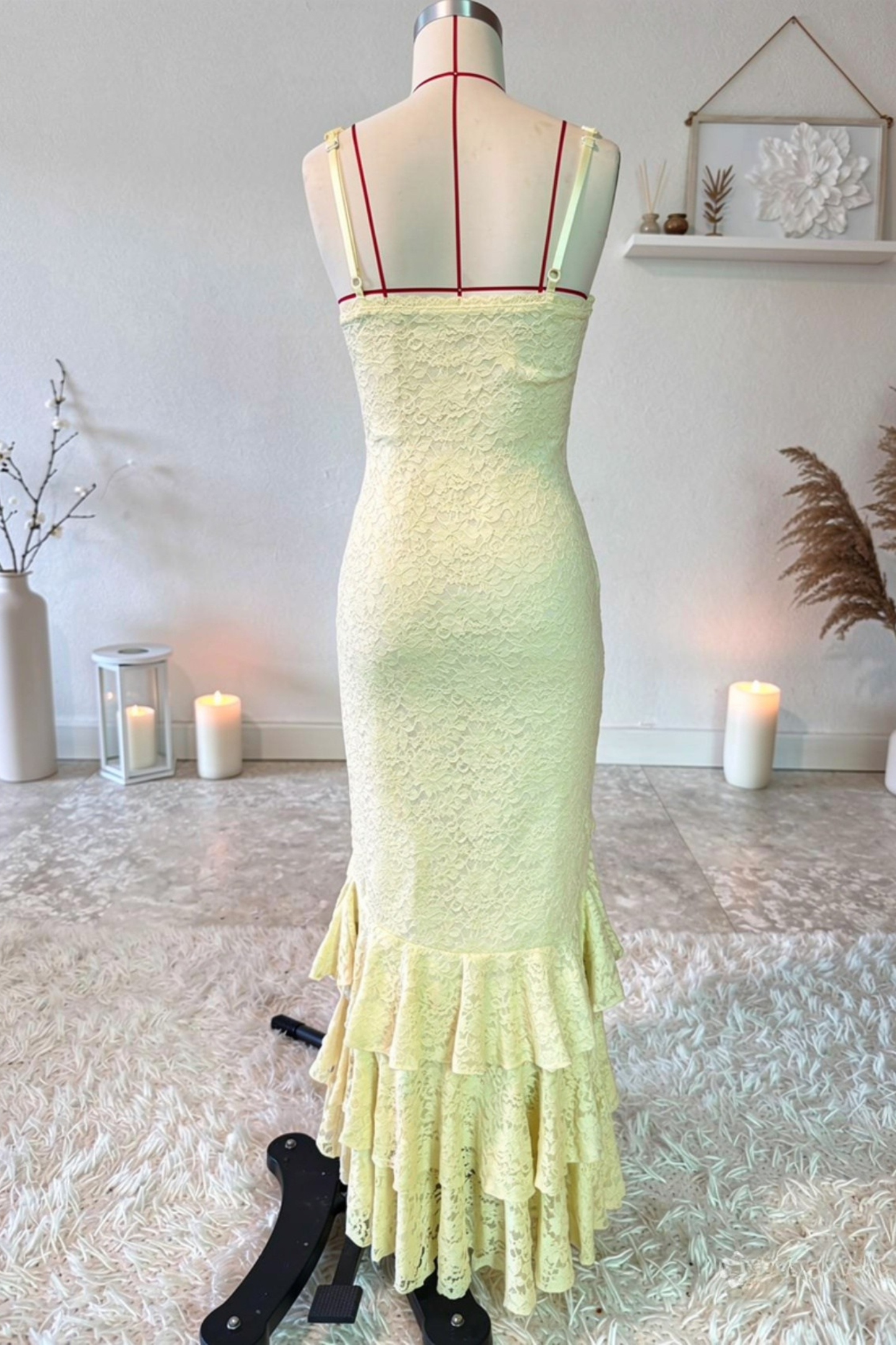 Irregular ruffled lace patchwork high slit slip maxi dress - yellow