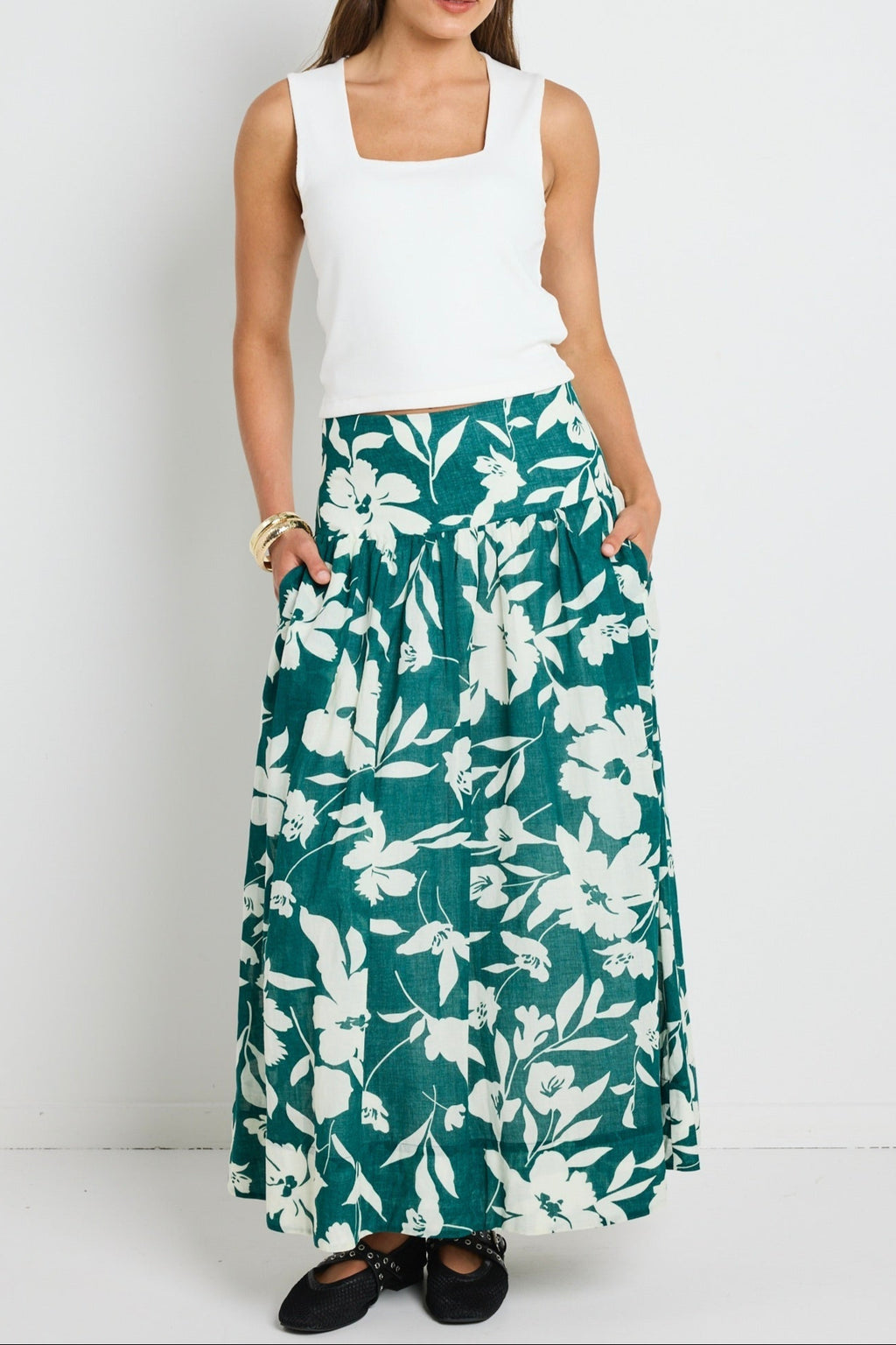 Affinity Forest Floral Shirred Back Tiered Maxi Skirt