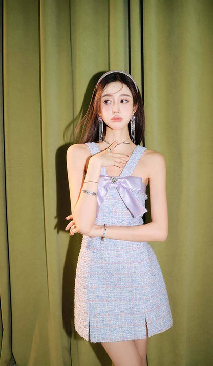 Lavender Tweed Mini Dress - Bowtie Detail Party Dress