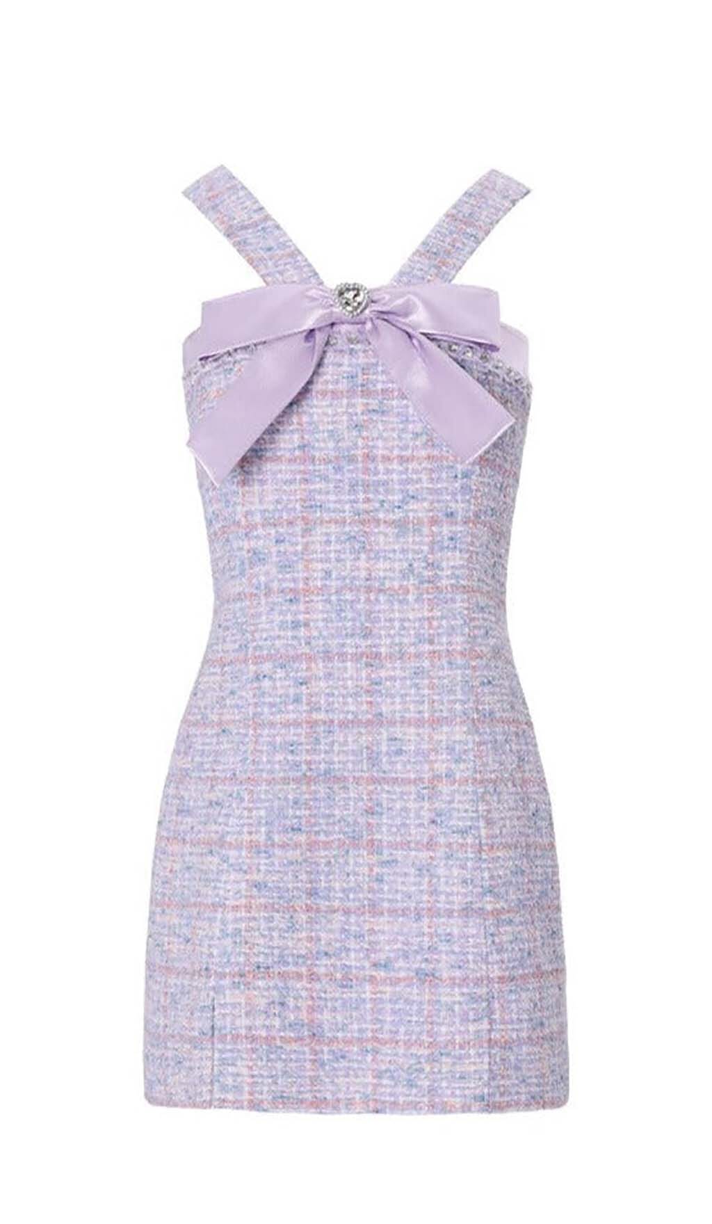 Lavender Tweed Mini Dress - Bowtie Detail Party Dress