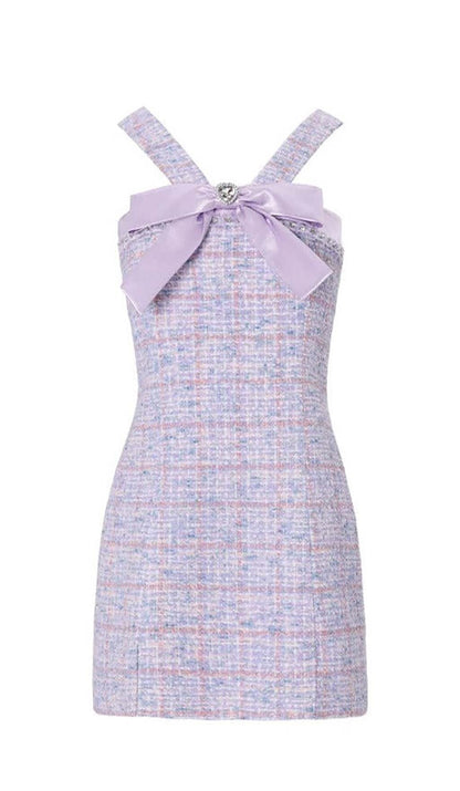 Lavender Tweed Mini Dress - Bowtie Detail Party Dress