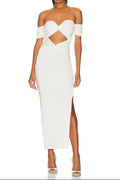 pleated off-shoulder cutout midi dress in white
