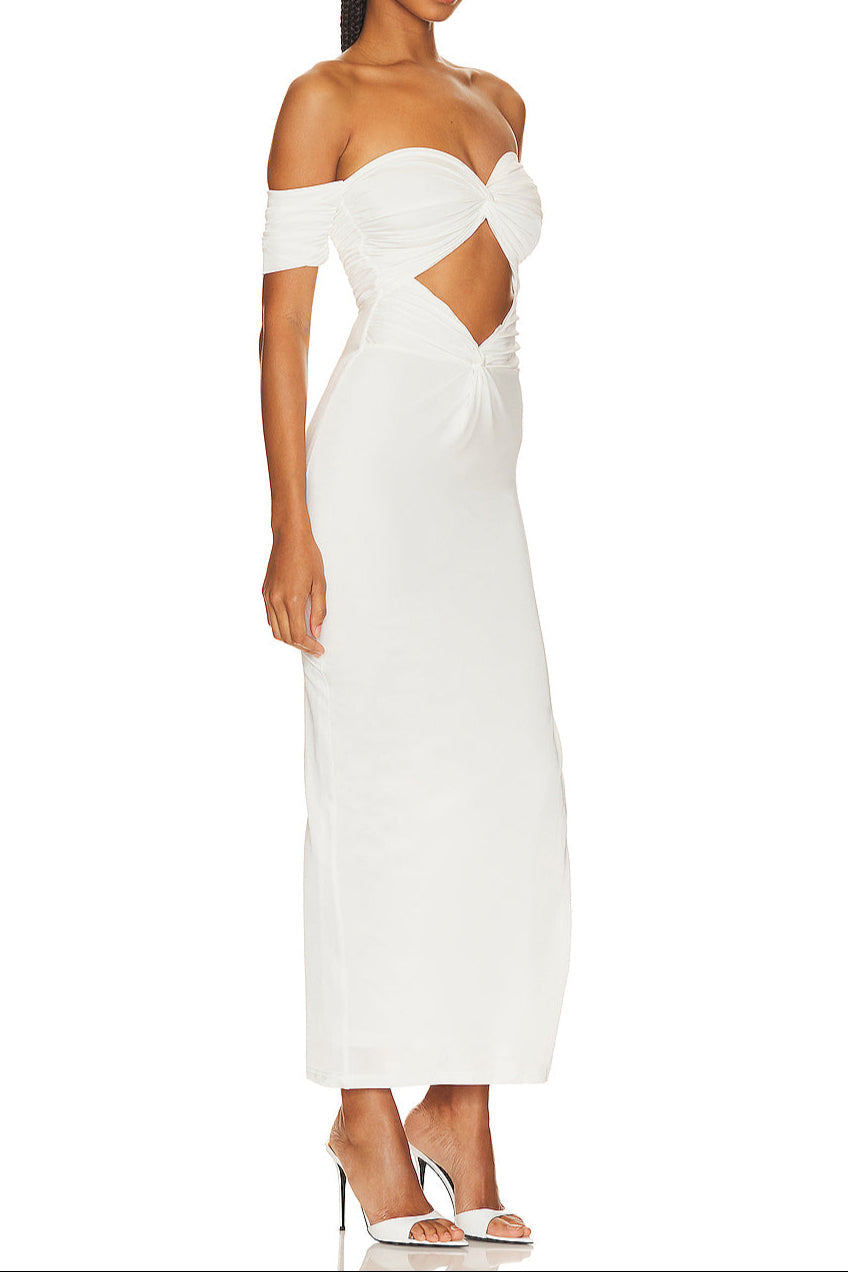 pleated off-shoulder cutout midi dress in white