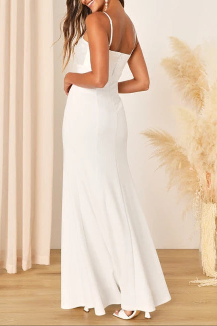 Radiant Promise White Satin Twist-Front Mermaid Maxi Dress