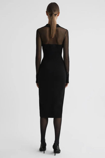sheer knitted button-through midi dress in black
