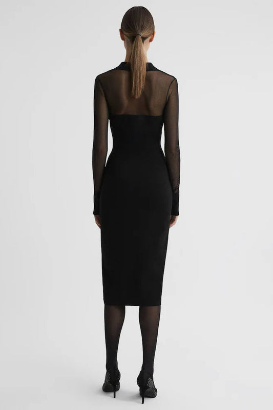 sheer knitted button-through midi dress in black