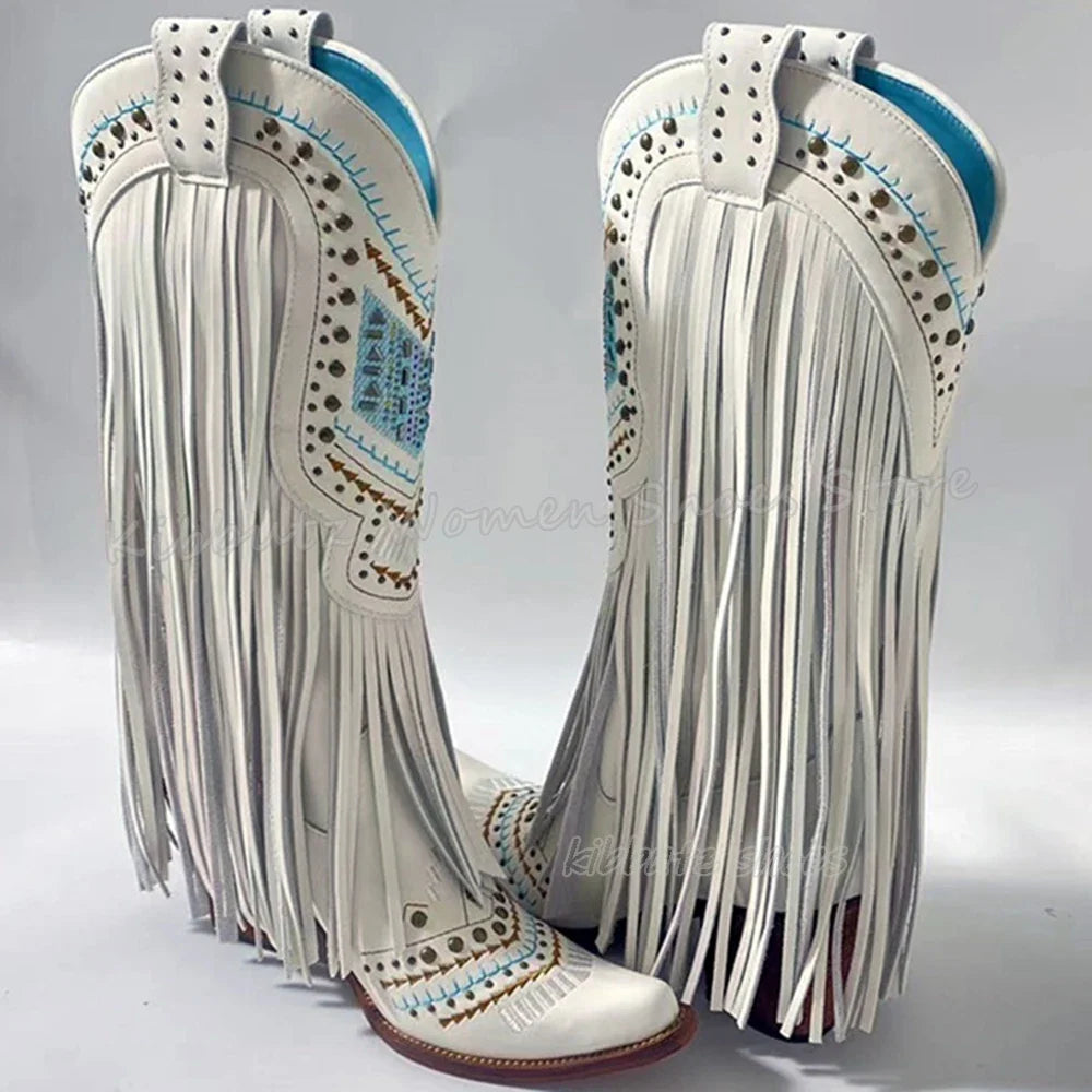 Genuine Leather Detailed Fringe Cowgirl Boots