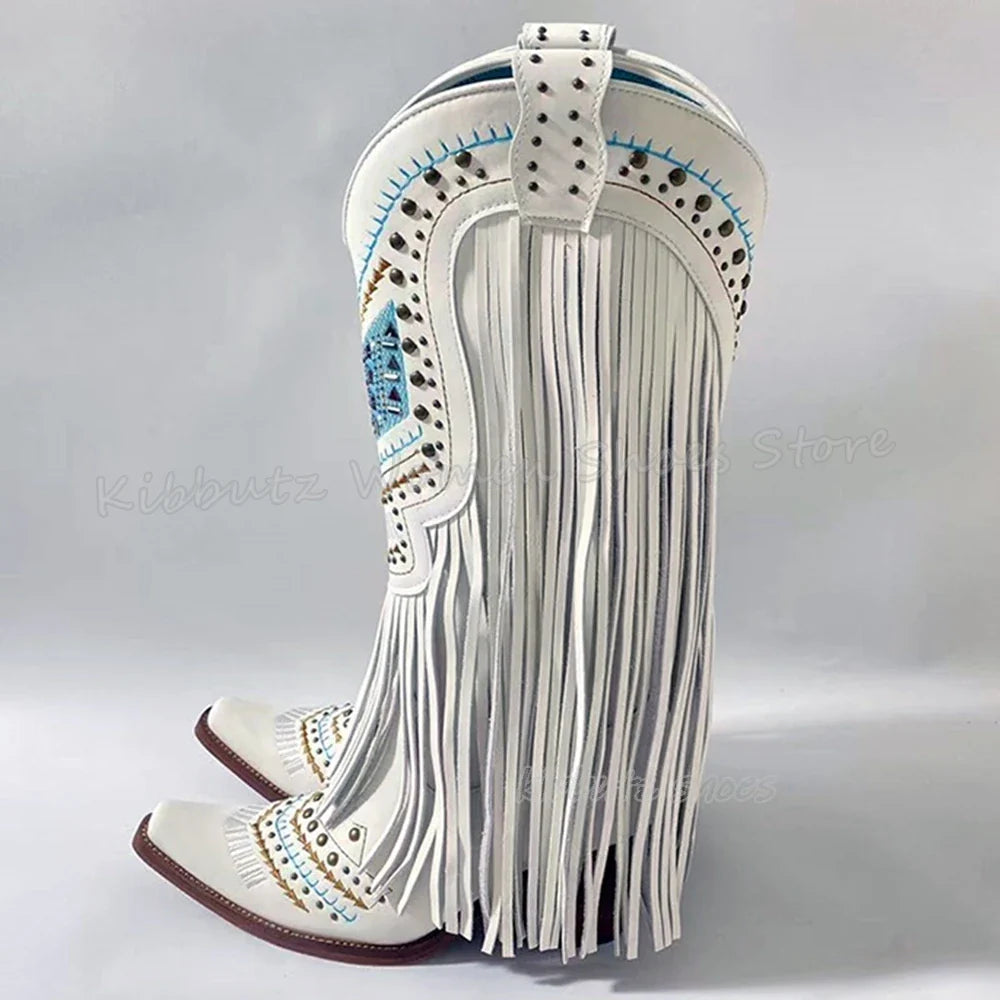 Genuine Leather Detailed Fringe Cowgirl Boots