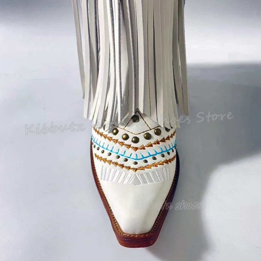Genuine Leather Detailed Fringe Cowgirl Boots