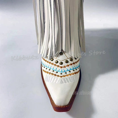Genuine Leather Detailed Fringe Cowgirl Boots