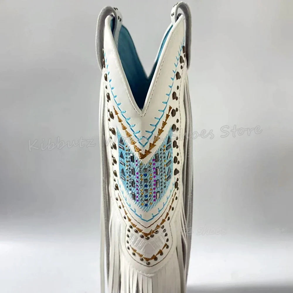 Genuine Leather Detailed Fringe Cowgirl Boots