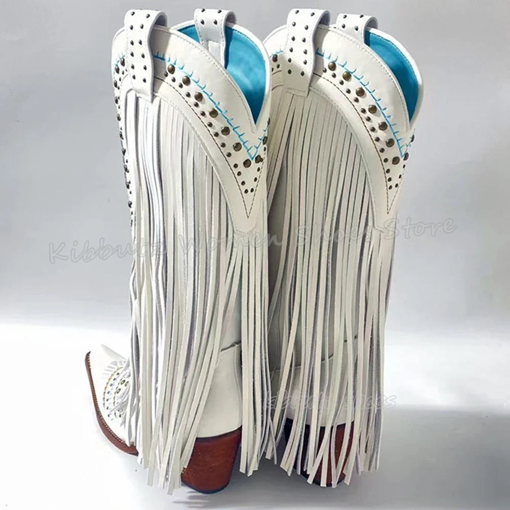 Genuine Leather Detailed Fringe Cowgirl Boots