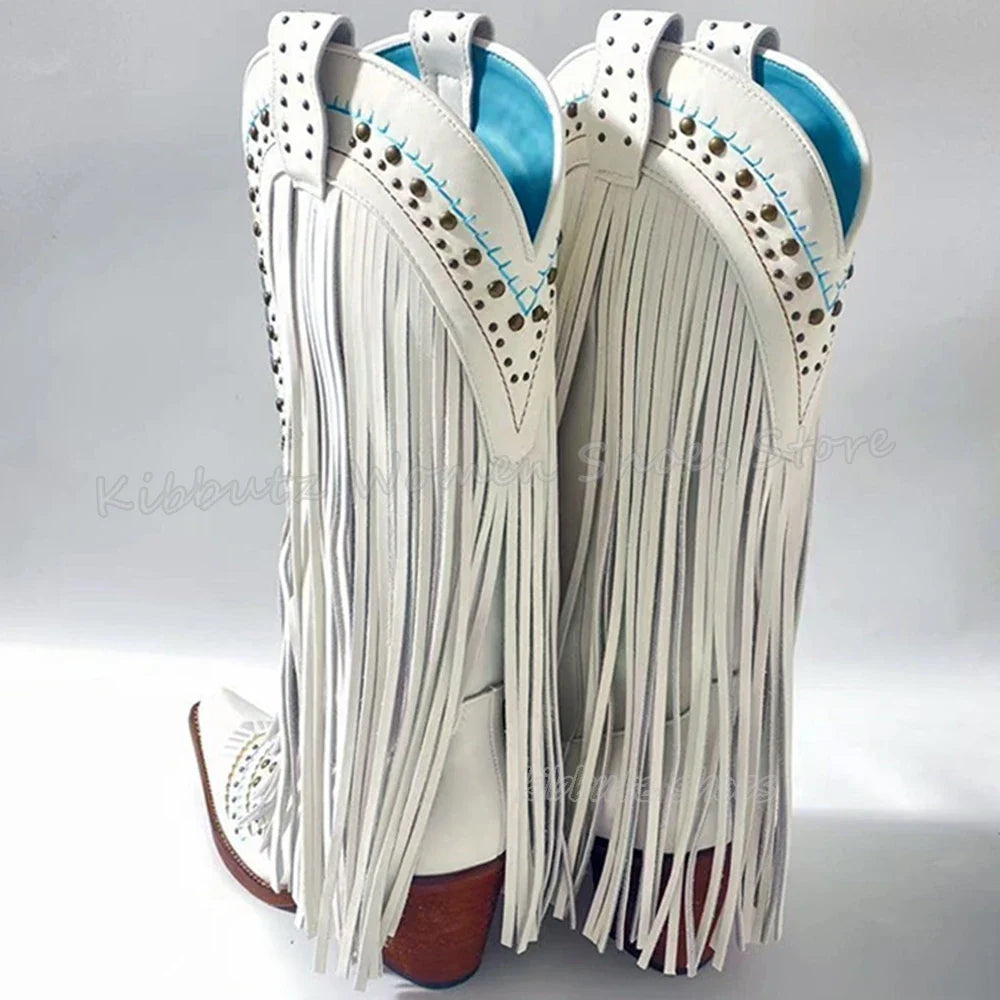 Genuine Leather Detailed Fringe Cowgirl Boots