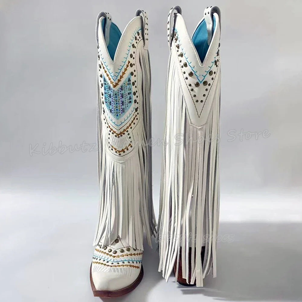 Genuine Leather Detailed Fringe Cowgirl Boots